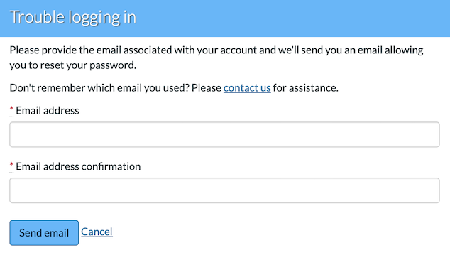 Log in assistance screen displaying fields to enter and verify email address