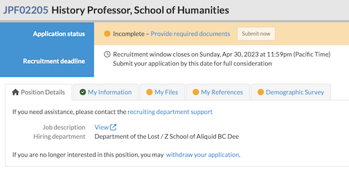 application dashboard displaying incomplete application message